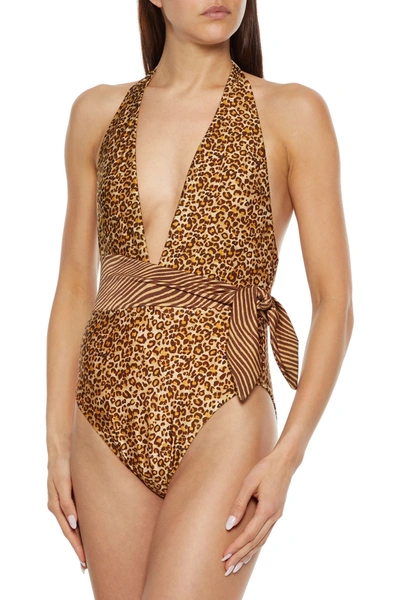Zimmermann Empire Knotted Leopard-print Halterneck Swimsuit In Brown