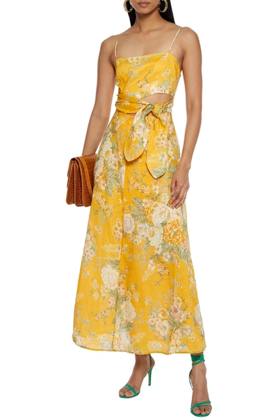 chinese dress ladies Floral Print Knotted Cutout Split Long Dress