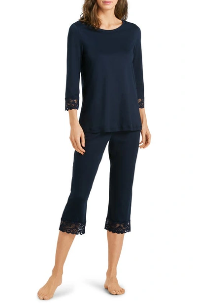 Hanro Moments Lace-trim Cropped Pajama Set In Deep Navy