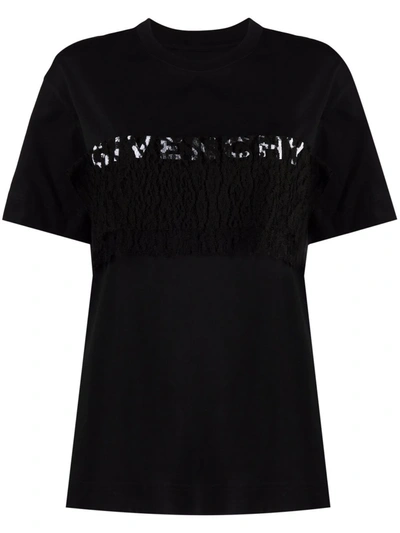 Givenchy Embroidered Lace-trimmed Cotton-jersey T-shirt In Black,white