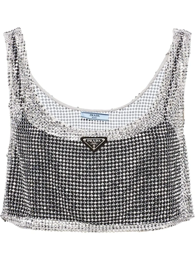 Prada Rhinestone-embellished Waistcoat Top In Silver