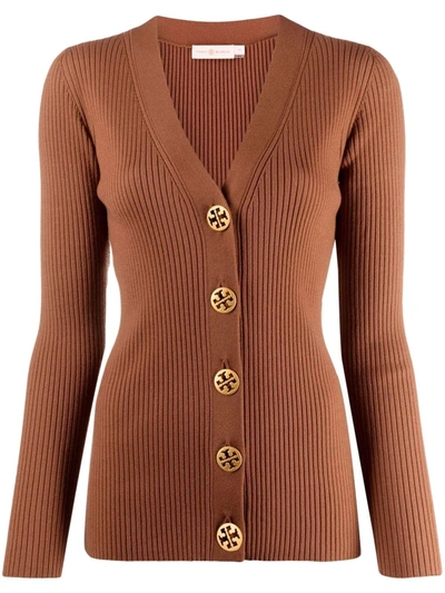 Tory Burch Simone Ribbed Merino Wool-blend Cardigan In Brown