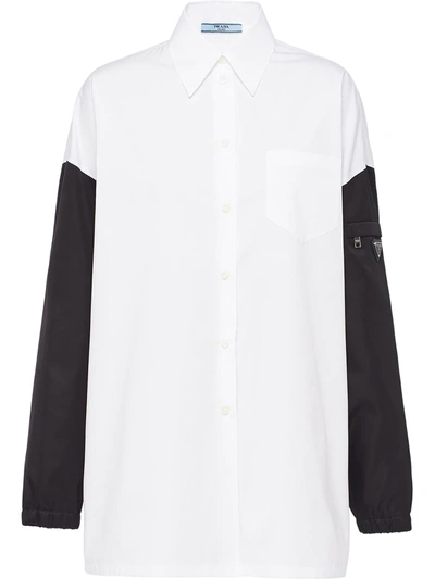 Prada Re-nylon Contrast Sleeve Cotton Shirt Dress In White