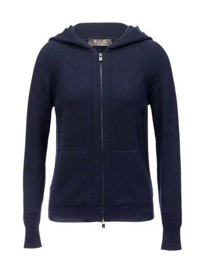 Loro Piana Hooded Cashmere Knit Zip Sweater In Blue Navy