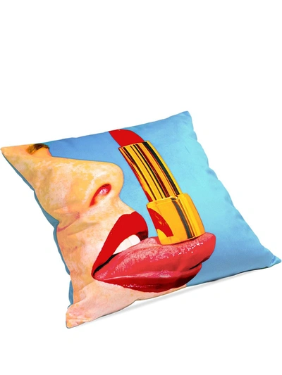 Seletti Tongue Graphic-print Woven Cushion Cover 50cm In Light Blu/multicolor