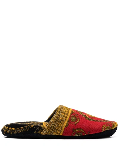 Versace Baroque-print Cotton-terry Slippers In Red