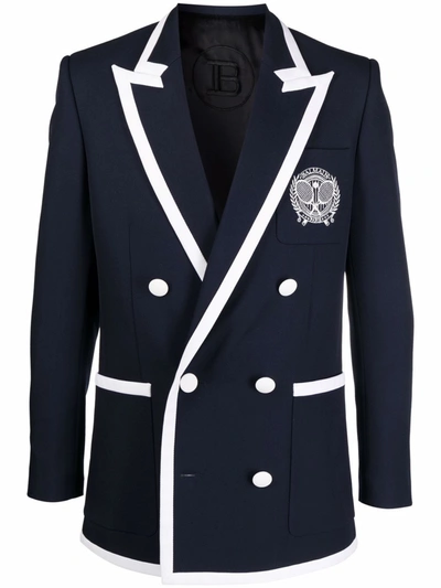 Balmain Wool Twill Blazer W/ Embroidered Pkt In Blue