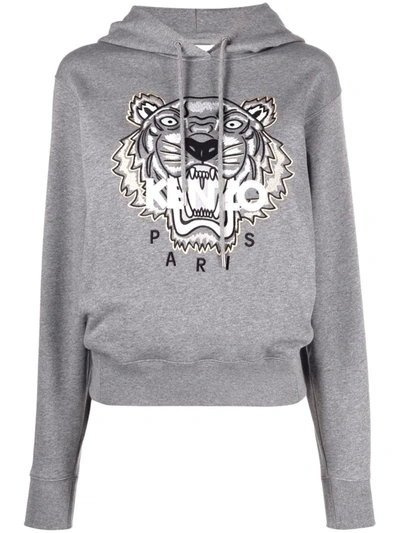 Kenzo Tiger-embroidered Cotton Hoodie In Grey,white,silver