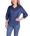 NY COLLECTION WOMEN'S 3/4 SLEEVE DENIM BLOUSE WITH KNIT INSETS