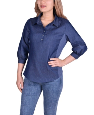 Ny Collection Women's 3/4 Sleeve Denim Blouse With Knit Insets In Dark Knit Denim