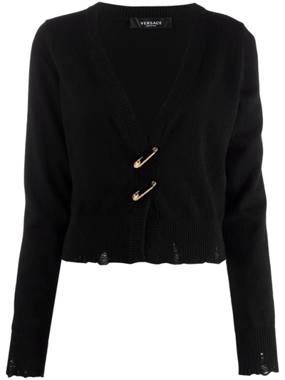 Versace Embellished Distressed Cashmere And Wool-blend Cardigan In Black