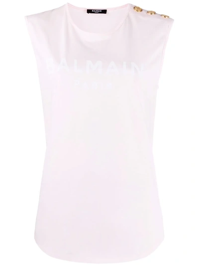 Balmain 3 Btn Printed Logo Tank Top - Eco Sustainable In Ocd Rose Pale Blanc