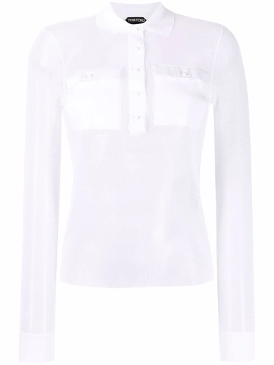 Tom Ford Cotton Blend Sheer Knit Polo Sweater In White