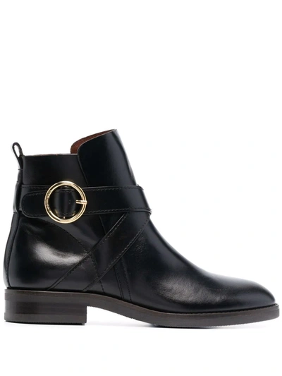 See By Chloé Lyna Buckled Leather Ankle Boots In Black
