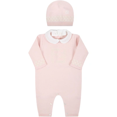Fendi Beige Set For Babykids With Douple Ff In Pink