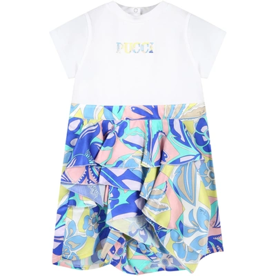 Emilio Pucci Multicolor Romper For Baby Girl With Logo In White
