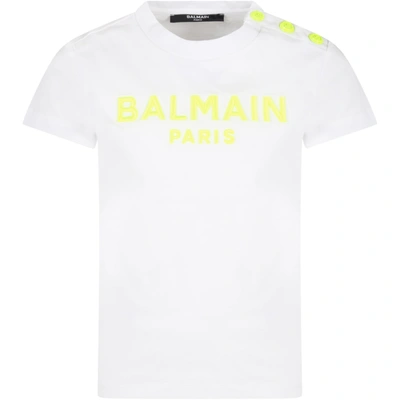 Balmain White T-shirt For Kids With Neon Yellow Logo In Weiss