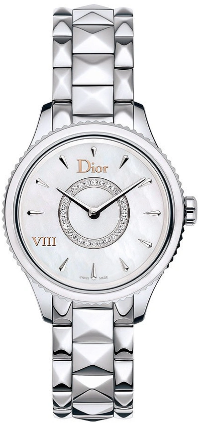 Dior Viii Montaigne Diamond, Mother-of-pearl & Stainless Steel Bracelet Watch In Mother Of Pearl,silver Tone,white