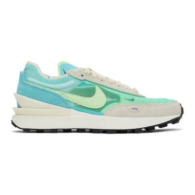 Nike Waffle One Branded Mesh And Suede Trainers In Bleached Aqua/lime Glow/coconu
