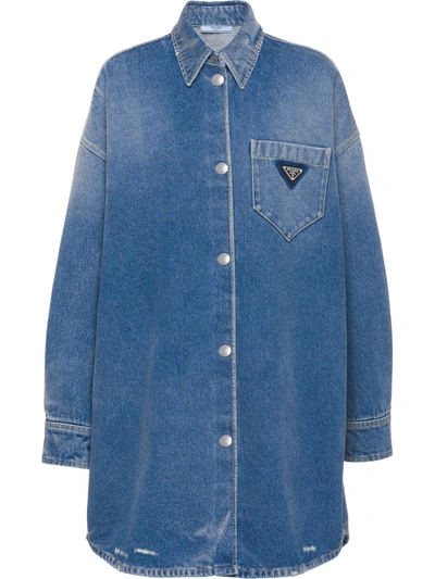 Prada Blue Logo Plaque Washed Denim Shirt