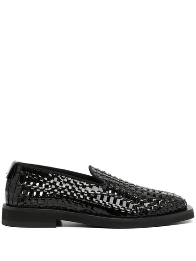 Emporio Armani Woven Patent Leather Slippers In Black