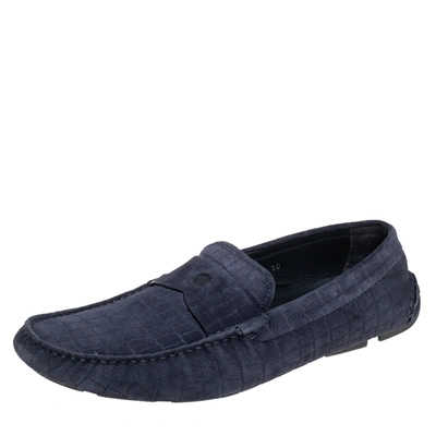 Pre-owned Giorgio Armani Blue Textured Suede Slip On Loafers Size 44 In Navy Blue