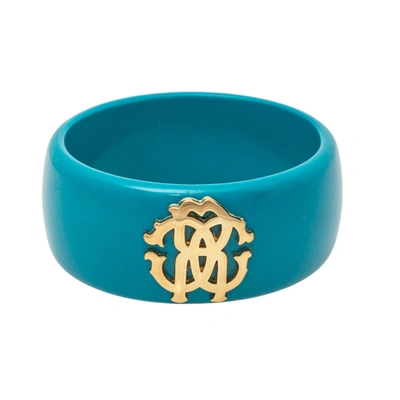 Pre-owned Roberto Cavalli Teal Blue Logo Wide Bangle Bracelet