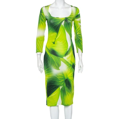 Pre-owned Just Cavalli Green Leaf Printed Knit Scoop Neck Sheath Dress M