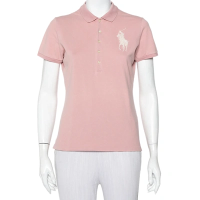 Pre-owned Ralph Lauren Blush Pink Cotton Beaded Logo Embellished Polo T- Shirt L