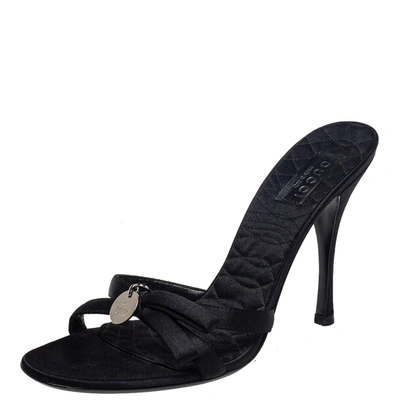 Pre-owned Gucci Black Satin Logo Slide Sandals Size 38.5