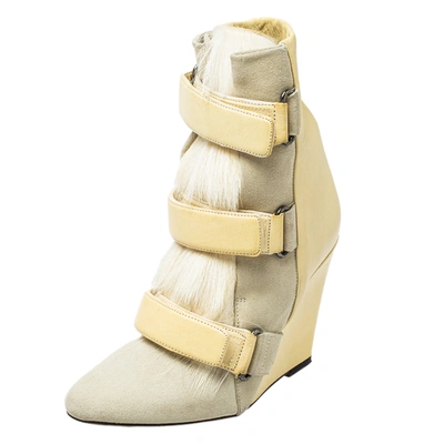 Pre-owned Isabel Marant Cream Leather, Suede, And Calf Hair Pierce Wedge Ankle Boots Size 37
