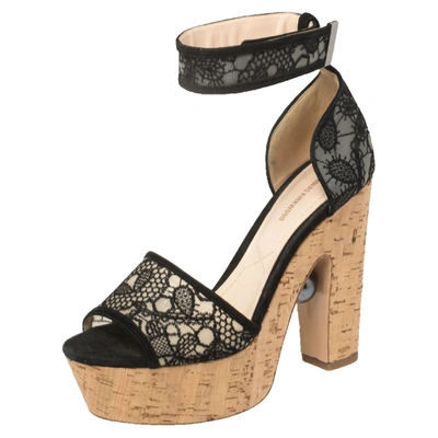 Pre-owned Nicholas Kirkwood Black Lace Maya Pearl Platform Ankle Strap Sandals Size 39.5