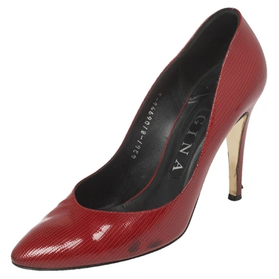 Pre-owned Gina Red Glossy Lizard Embossed Leather Pointed Toe Pumps Size 38