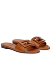 Fendi Logo Leather Slide Sandals In Cuoio Bag+cuoio Bag