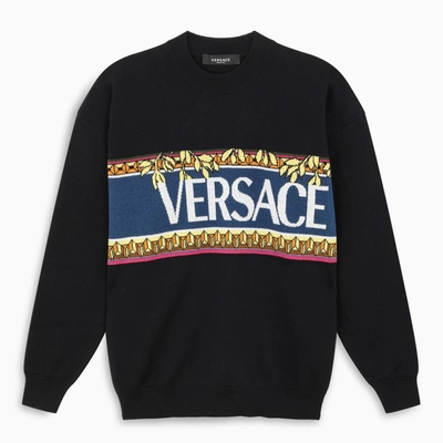 Versace Navy Knit Logo Graphic Jumper In Blue