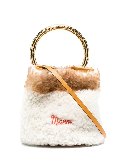 Marni White And Light Orange Pannier Bag In Shearling In White,brown,gold