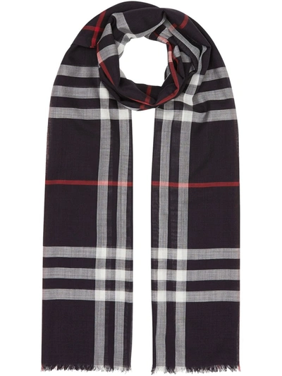Burberry Wool And Silk Scarf With All-over Tartan Motif In Blue