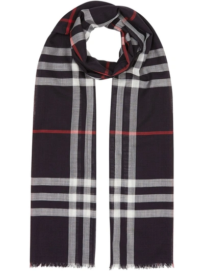 Burberry Wool And Silk Scarf With All-over Tartan Motif In Blu