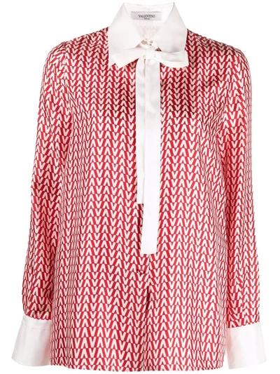 Valentino Tie-neck Printed Silk-twill Blouse In Red