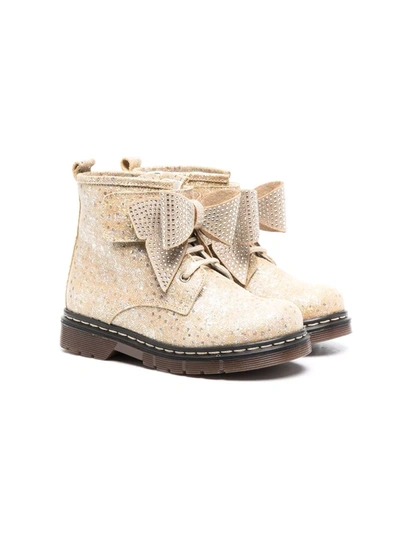 Monnalisa Kids' Rhinestone-embellished Bow-detail Ankle Boots In Neutrals