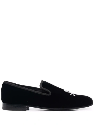 Philipp Plein Skull Embroidery Velvet Loafers In Black