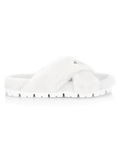 Prada Shearling Crisscross Slide Sandals In White