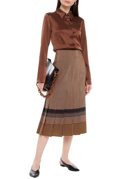 Joseph Pleated Printed Silk Crepe De Chine Midi Skirt In Brown