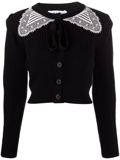 Self-portrait Guipure Lace-collar Ribbed Wool-blend Cardigan In Black,white