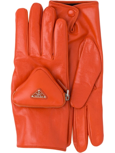 Prada Pouch-detail Logo Gloves In Orange