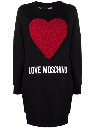 Love Moschino 薄纱爱心图案卫衣式连衣裙 In Black