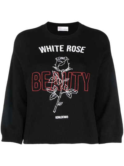 Red Valentino Rose Embroidered Ribbed Sweater In Black