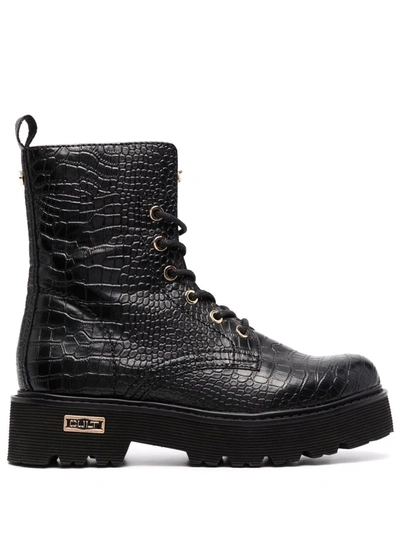 Cult Crocodile-effect Leather Boots In Schwarz