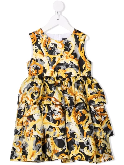 Versace Babies' Tiered Barrocoflage-print Silk Dress In Black