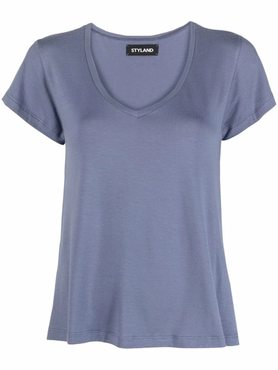 Styland Logo-print V-neck T-shirt In Blue